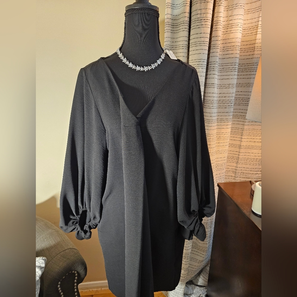 Elegant Black Draped Dress with Balloon Sleeves